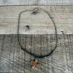 Vintage Cross Necklace Black Cord Beaded Star 90's 2000's Christian Jewelry